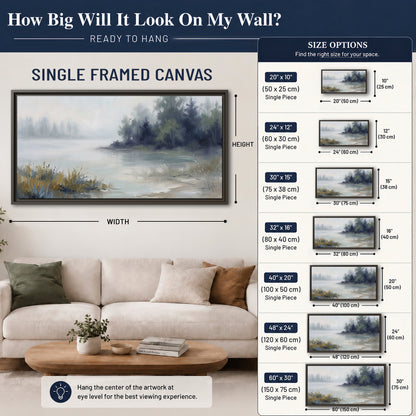 A calm pale lake bordered by dark evergreen trees and distant mist single framed canvas wall art size guide above a sofa; room view is illustrative
