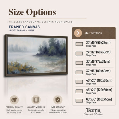 A calm pale lake bordered by dark evergreen trees and distant mist single framed canvas wall art available dimensions