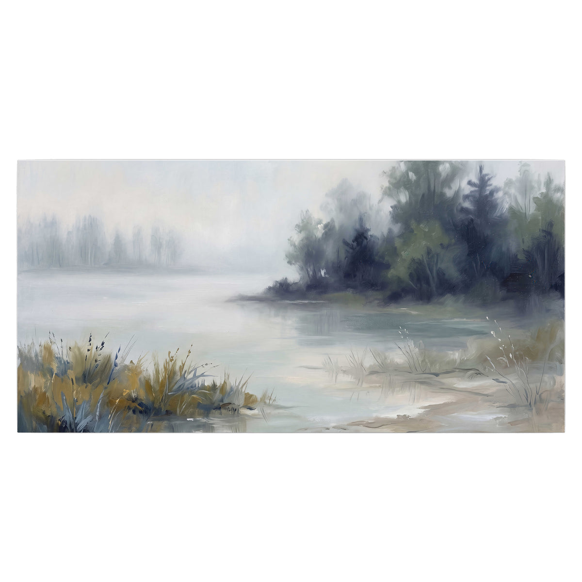 A calm pale lake bordered by dark evergreen trees and distant mist single poster print viewed straight on