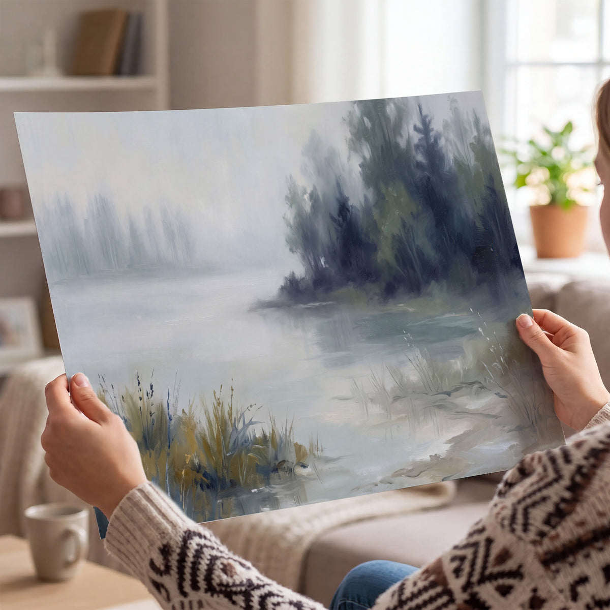 A calm pale lake bordered by dark evergreen trees and distant mist single poster print held in hands