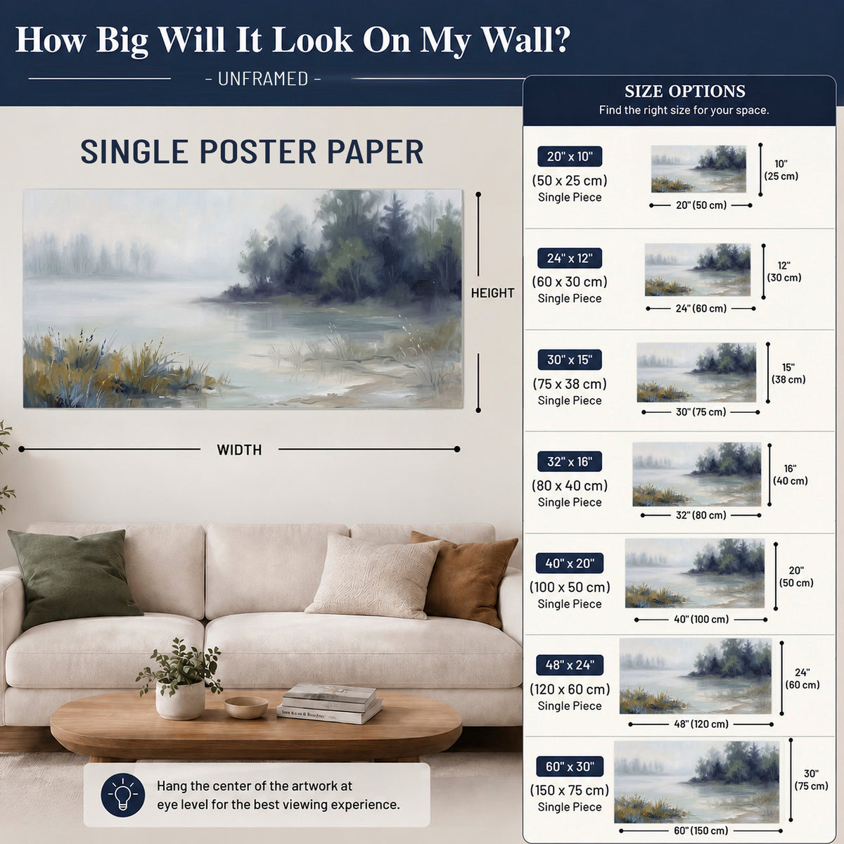 A calm pale lake bordered by dark evergreen trees and distant mist single poster print size guide above a sofa; room view is illustrative