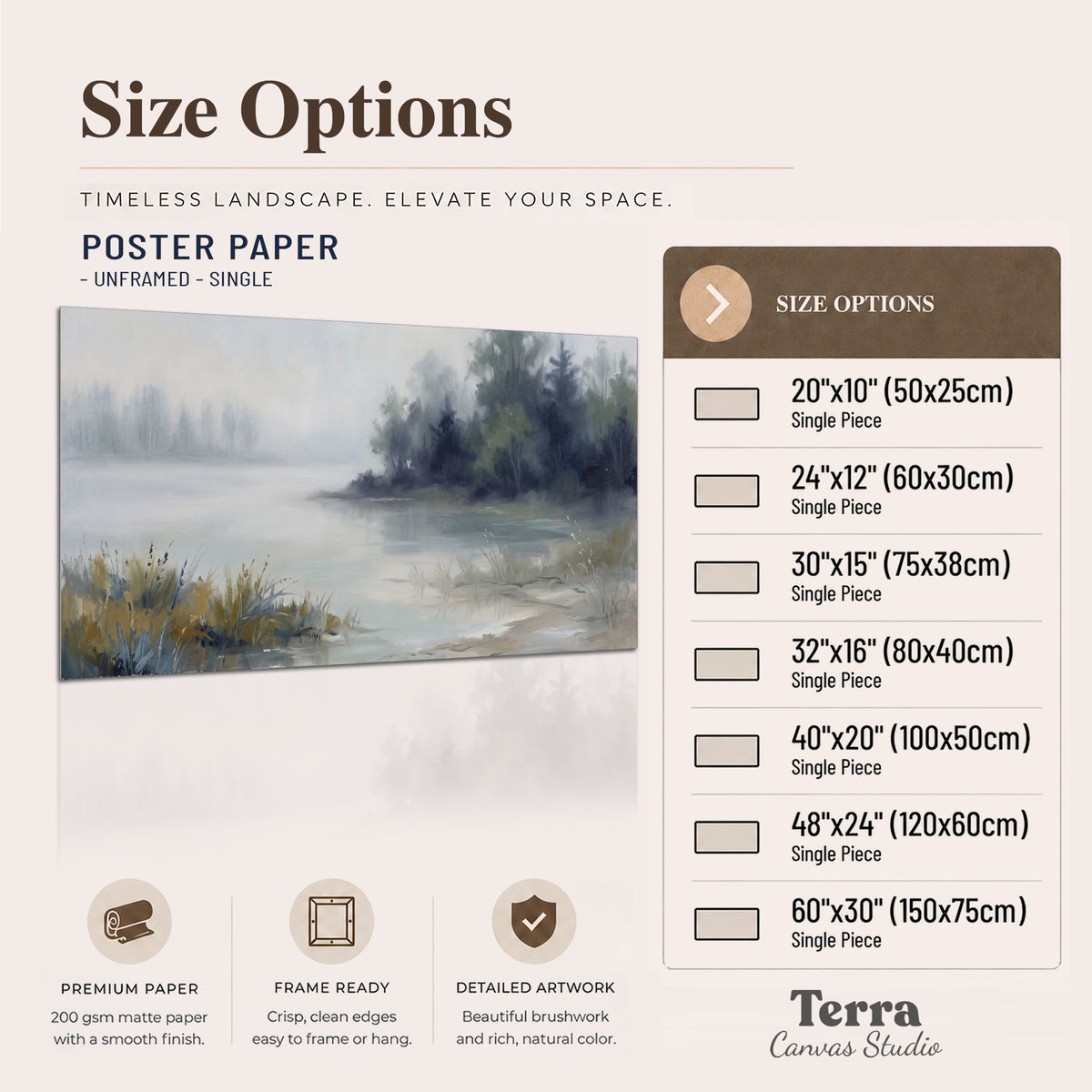 A calm pale lake bordered by dark evergreen trees and distant mist single poster print available dimensions