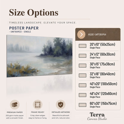 A calm pale lake bordered by dark evergreen trees and distant mist single poster print available dimensions