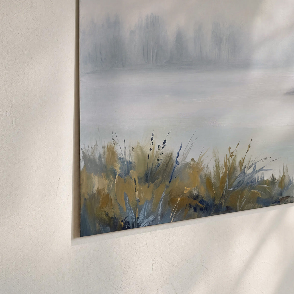 A calm pale lake bordered by dark evergreen trees and distant mist set of 3 poster prints material and edge close up