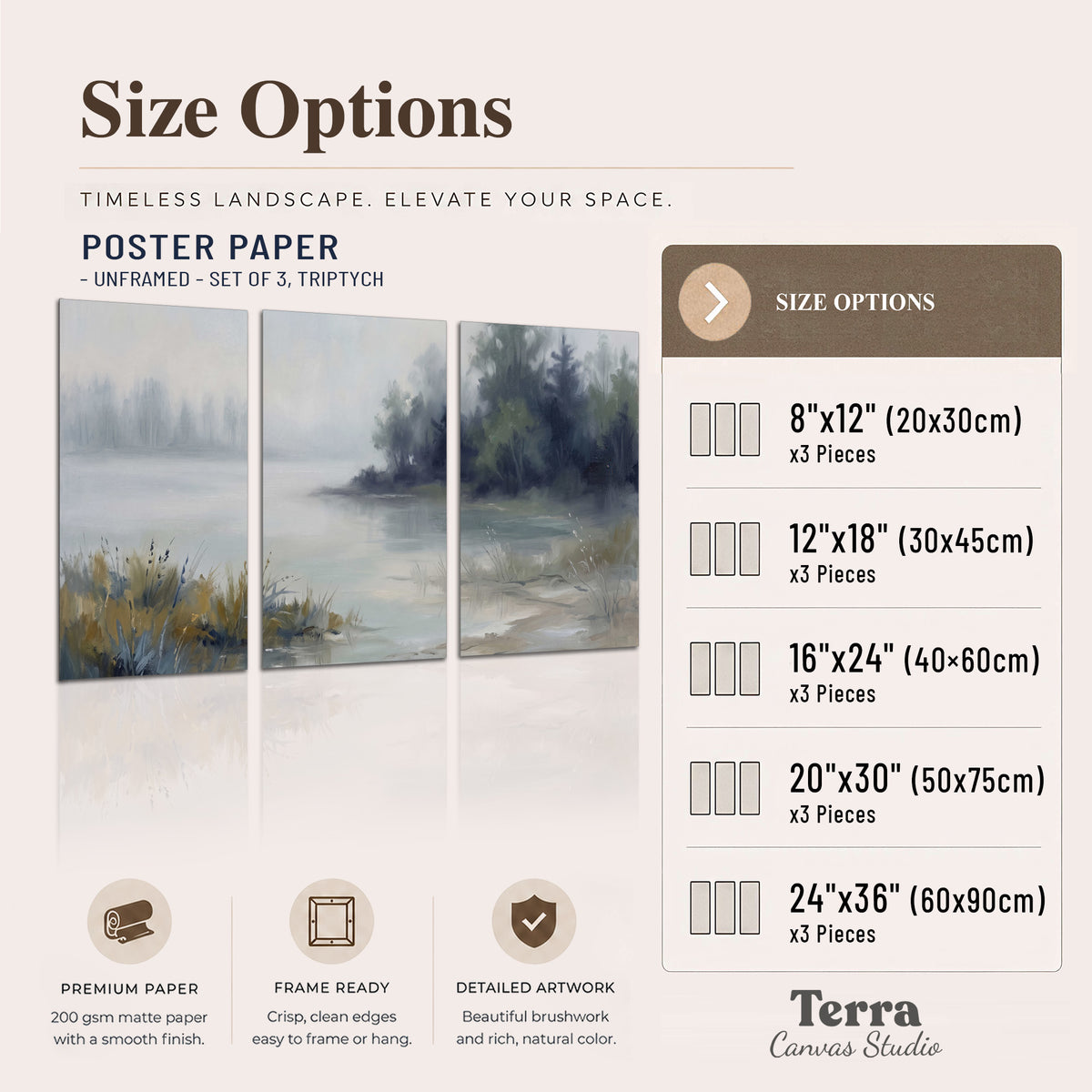 A calm pale lake bordered by dark evergreen trees and distant mist set of 3 poster prints available dimensions; triptych dimensions are per panel