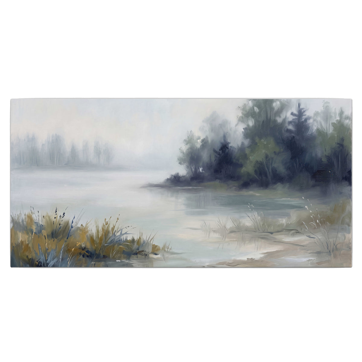 A calm pale lake bordered by dark evergreen trees and distant mist single canvas wall art viewed straight on