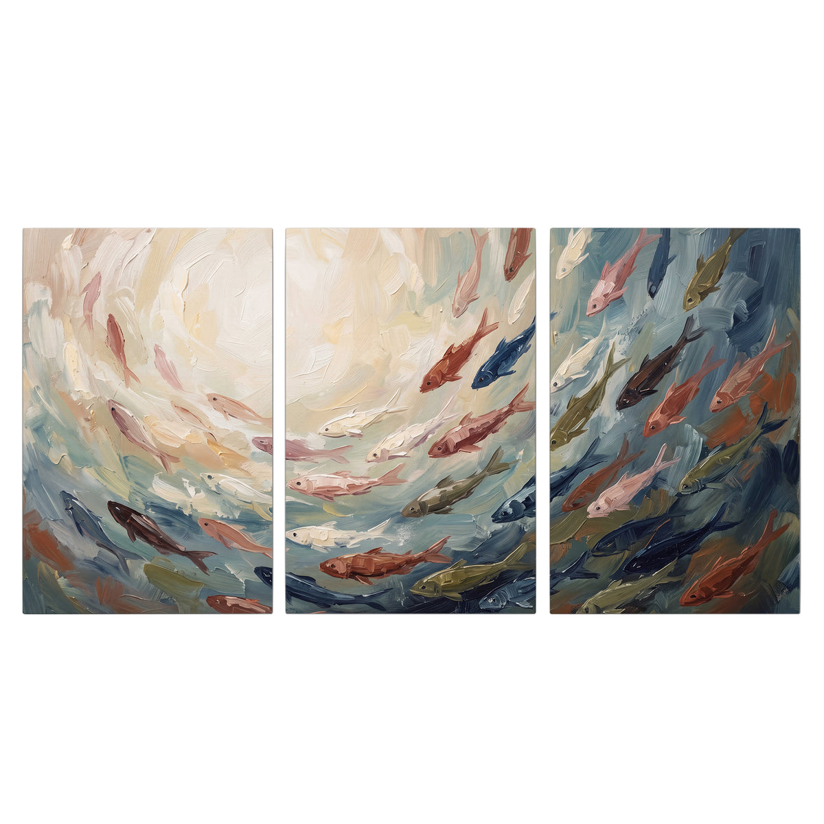 Sweeping cream, teal and rust painted-style curves 3 piece canvas wall art viewed straight on