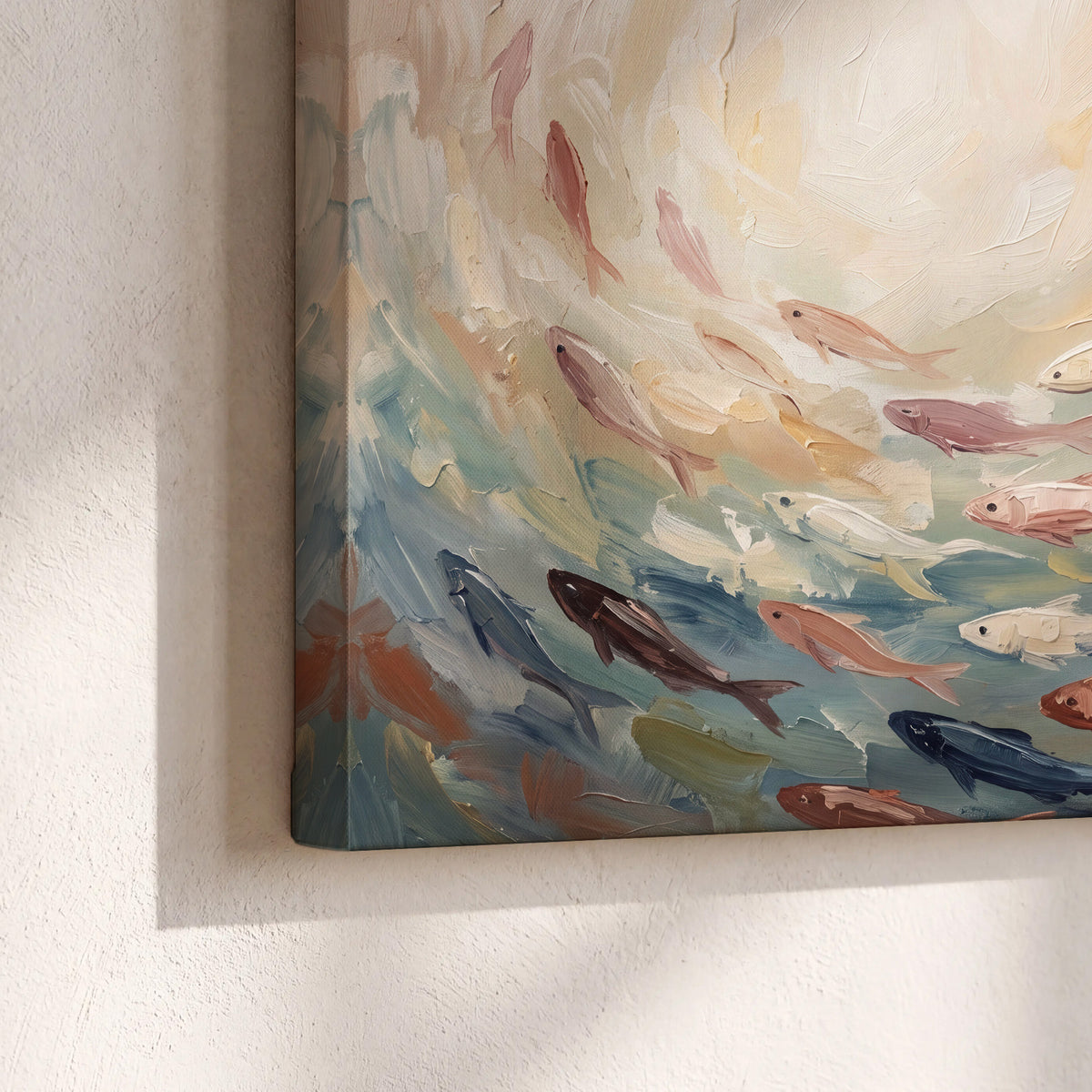 Sweeping cream, teal and rust painted-style curves 3 piece canvas wall art material and edge close up
