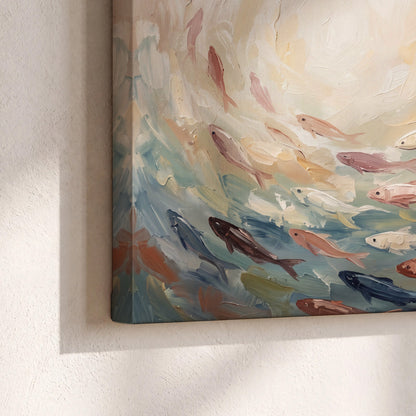 Sweeping cream, teal and rust painted-style curves 3 piece canvas wall art material and edge close up