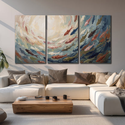 Sweeping cream, teal and rust painted-style curves 3 piece canvas wall art displayed in a living room