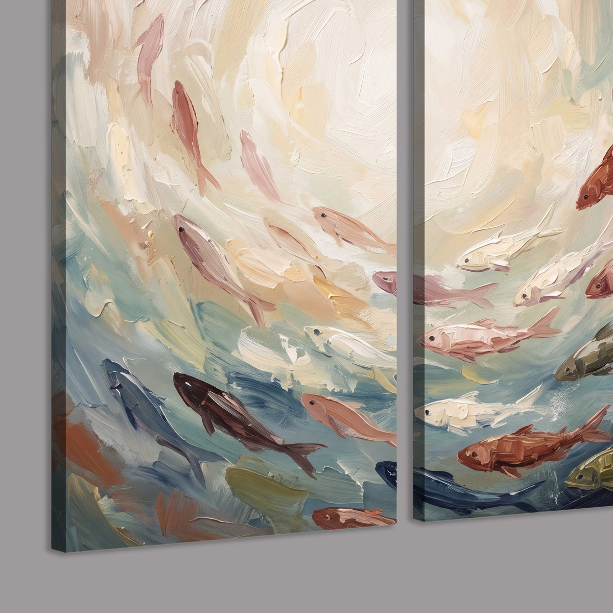 Sweeping cream, teal and rust painted-style curves 3 piece canvas wall art room and product view