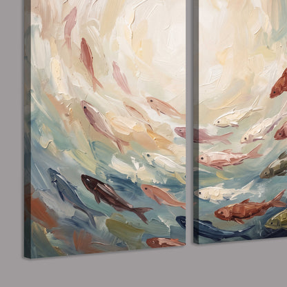 Sweeping cream, teal and rust painted-style curves 3 piece canvas wall art room and product view