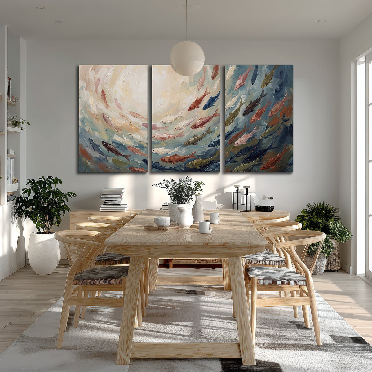 Sweeping cream, teal and rust painted-style curves 3 piece canvas wall art room and product view