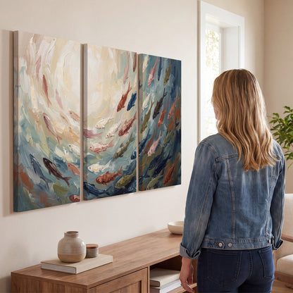 Sweeping cream, teal and rust painted-style curves 3 piece canvas wall art three panel arrangement on a wall