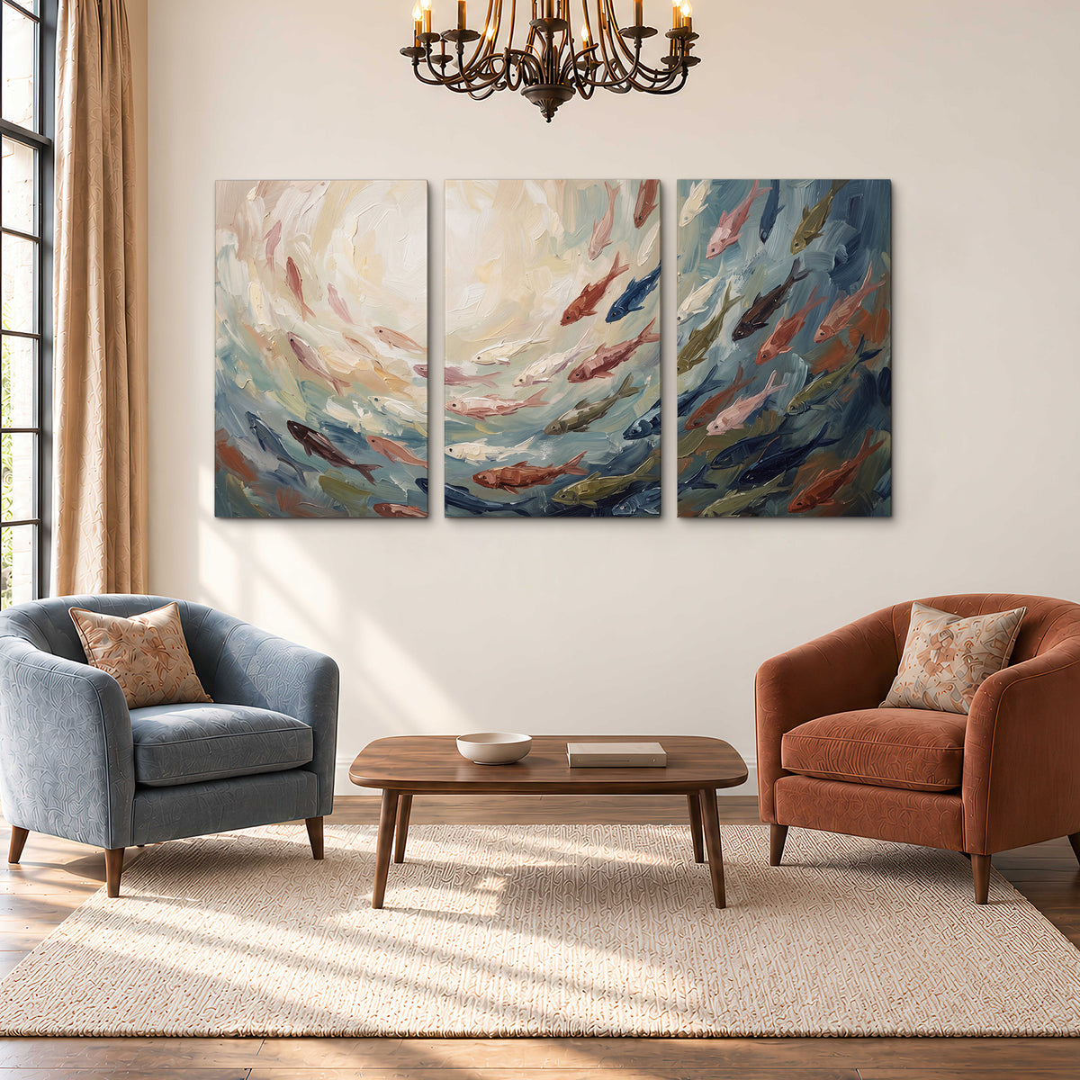 Sweeping cream, teal and rust painted-style curves 3 piece canvas wall art styled in an interior