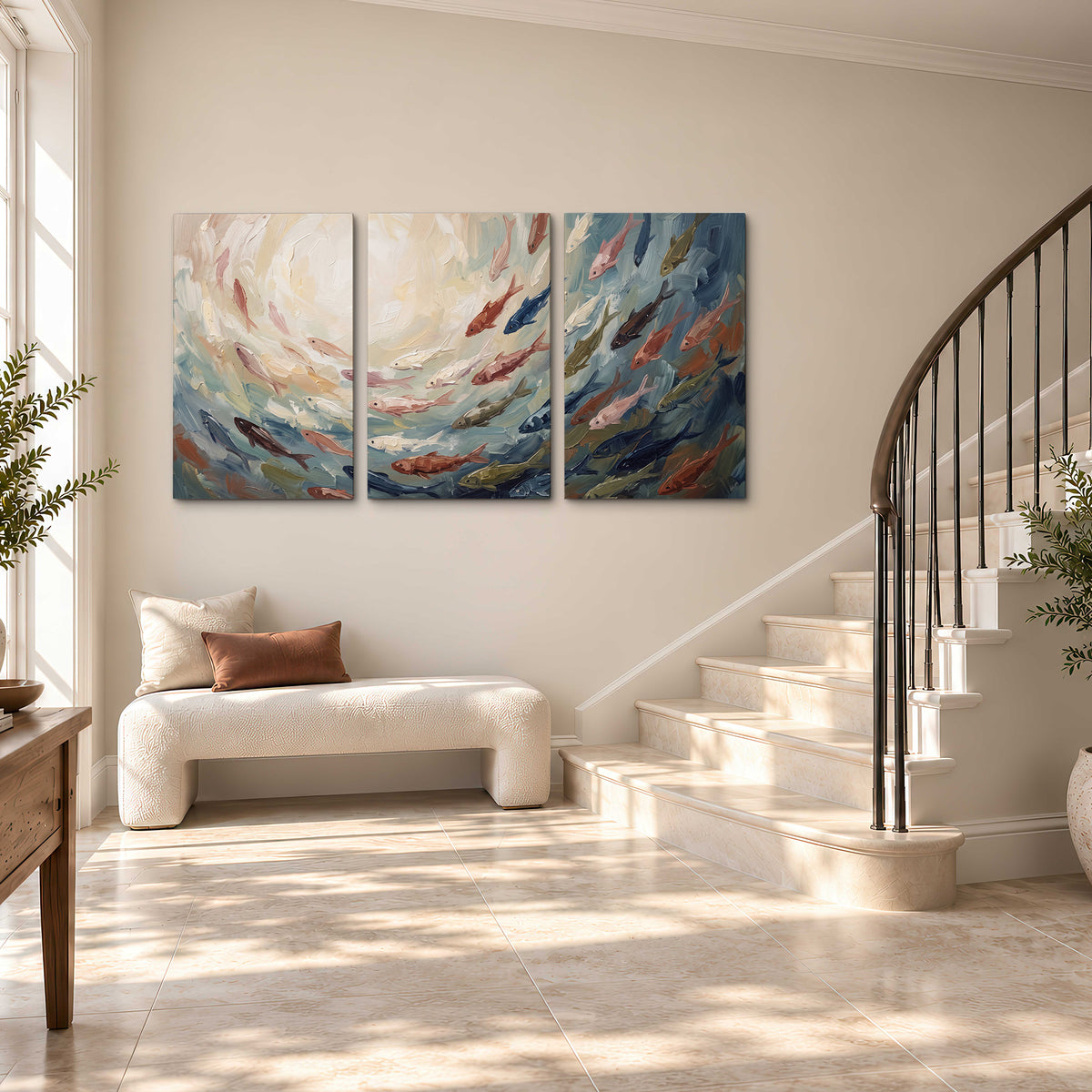 Sweeping cream, teal and rust painted-style curves 3 piece canvas wall art styled in an interior