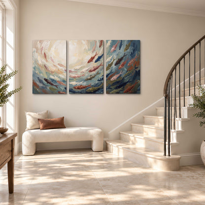 Sweeping cream, teal and rust painted-style curves 3 piece canvas wall art styled in an interior
