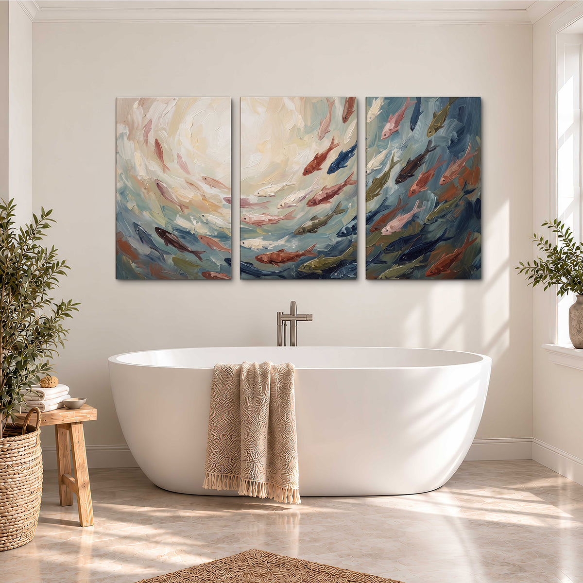 Sweeping cream, teal and rust painted-style curves 3 piece canvas wall art styled in an interior