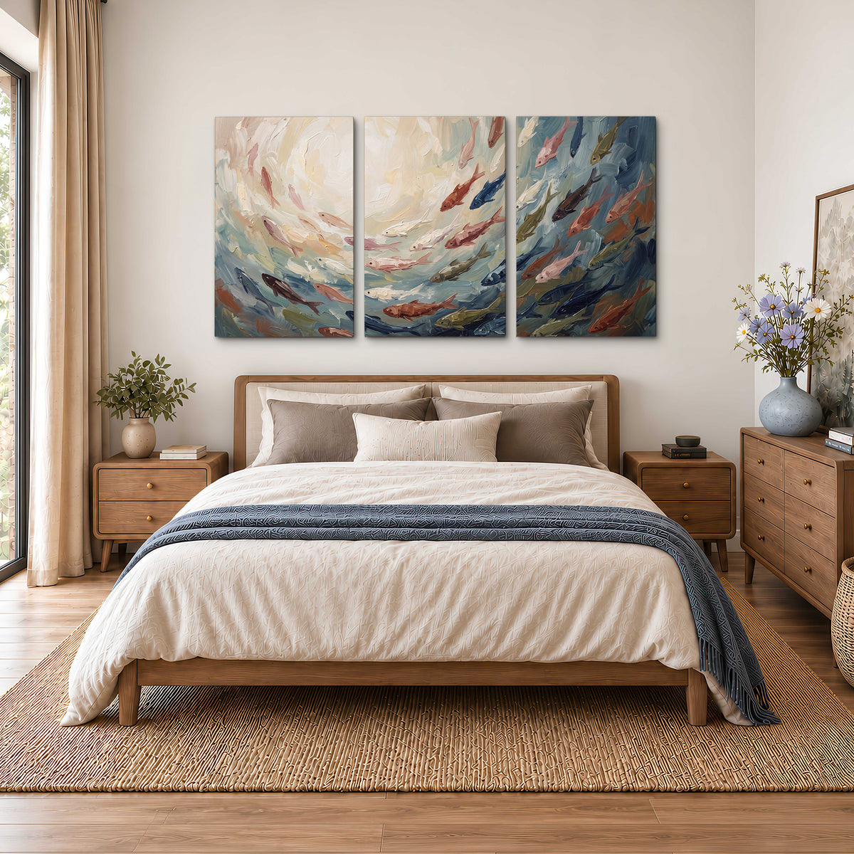 Sweeping cream, teal and rust painted-style curves 3 piece canvas wall art styled in an interior