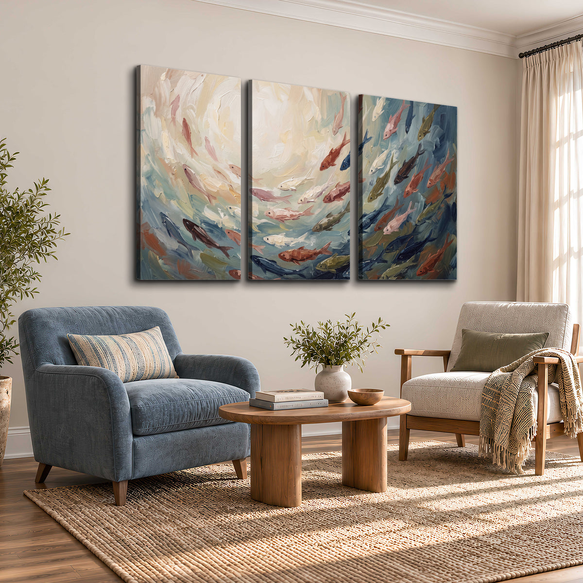 Sweeping cream, teal and rust painted-style curves 3 piece canvas wall art styled in an interior