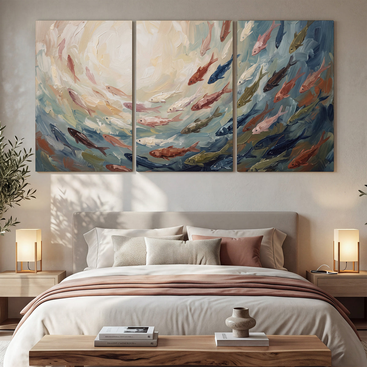 Sweeping cream, teal and rust painted-style curves 3 piece canvas wall art displayed in a bedroom