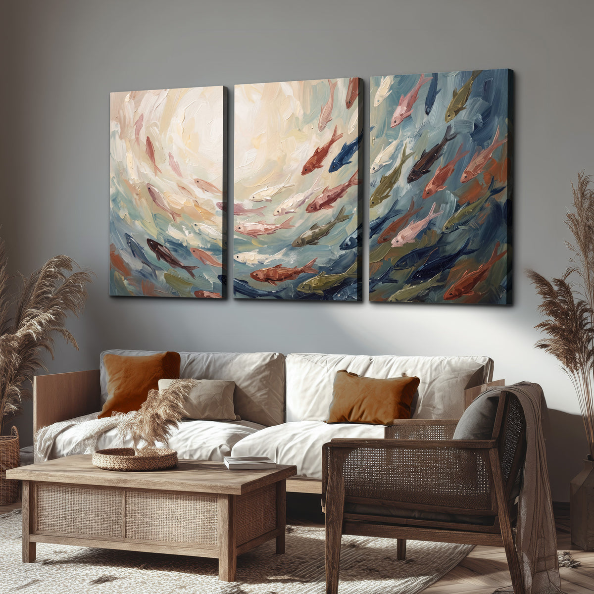 Sweeping cream, teal and rust painted-style curves 3 piece canvas wall art displayed in a rustic living room