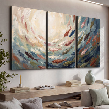 Sweeping cream, teal and rust painted-style curves 3 piece canvas wall art displayed in a console