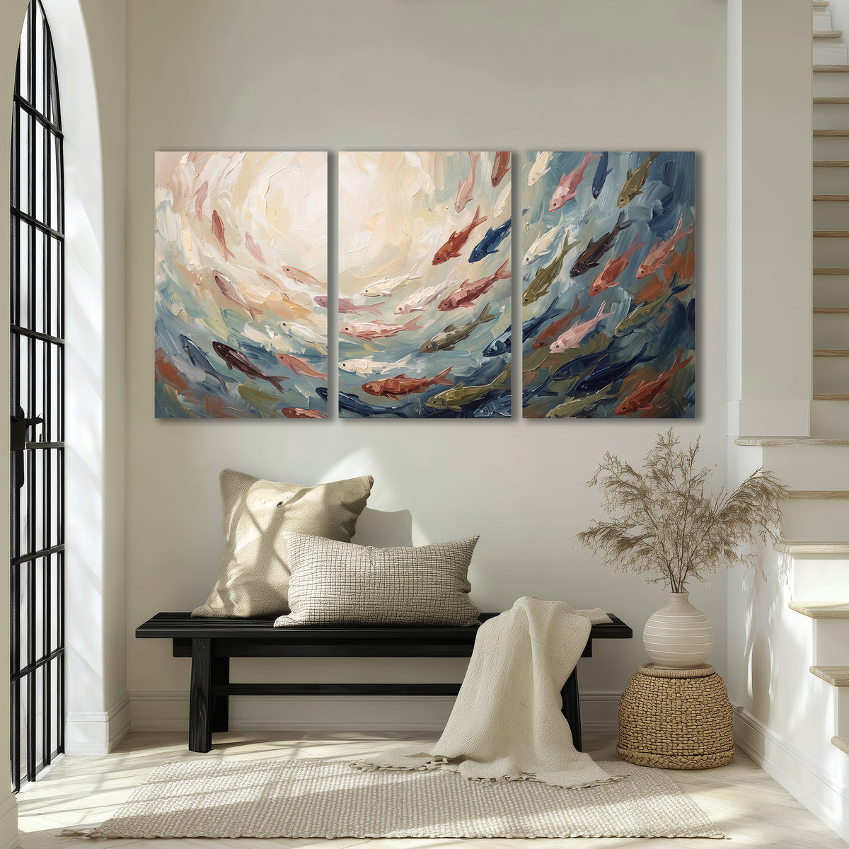 Sweeping cream, teal and rust painted-style curves 3 piece canvas wall art displayed in a entryway