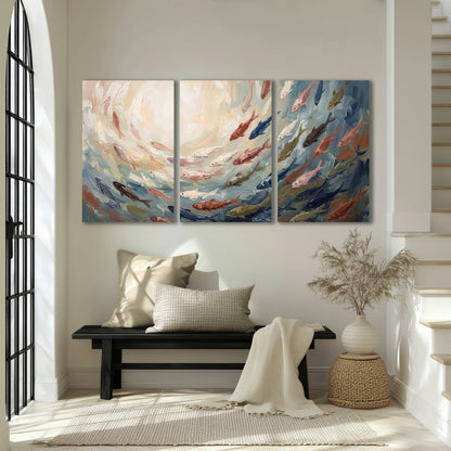 Sweeping cream, teal and rust painted-style curves 3 piece canvas wall art displayed in a entryway
