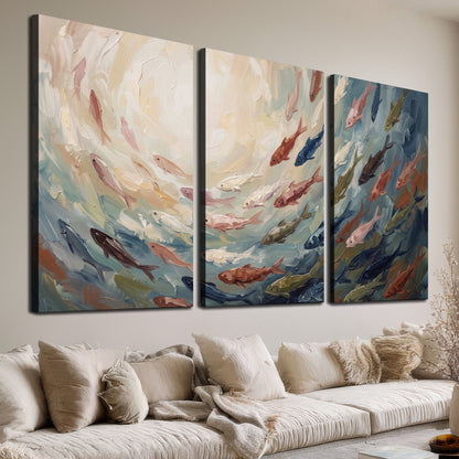 Sweeping cream, teal and rust painted-style curves 3 piece canvas wall art room and product view