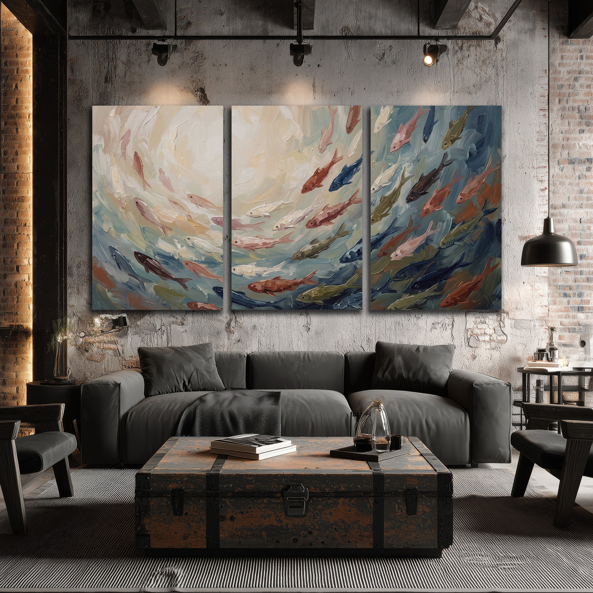 Sweeping cream, teal and rust painted-style curves 3 piece canvas wall art displayed in a industrial room