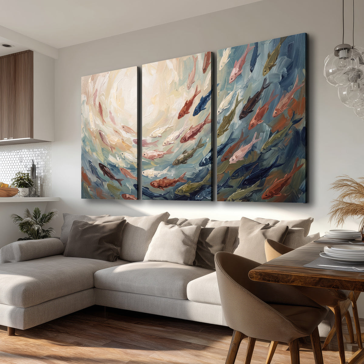 Sweeping cream, teal and rust painted-style curves 3 piece canvas wall art room and product view