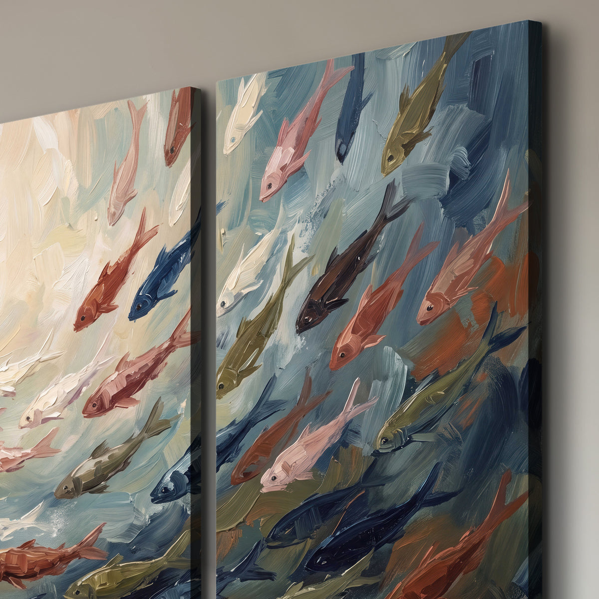 Sweeping cream, teal and rust painted-style curves 3 piece canvas wall art room and product view