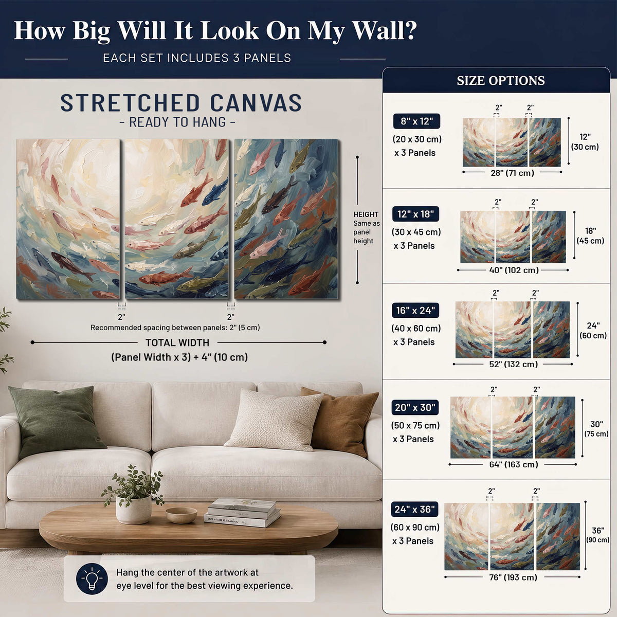 Sweeping cream, teal and rust painted-style curves 3 piece canvas wall art size guide above a sofa; room view is illustrative