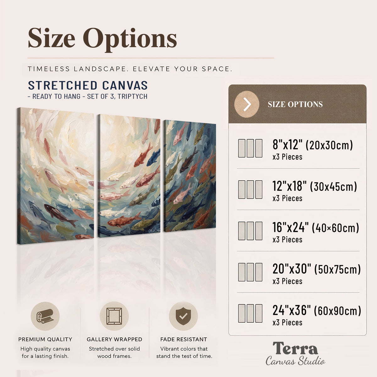 Sweeping cream, teal and rust painted-style curves 3 piece canvas wall art available dimensions; triptych dimensions are per panel