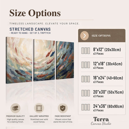 Sweeping cream, teal and rust painted-style curves 3 piece canvas wall art available dimensions; triptych dimensions are per panel