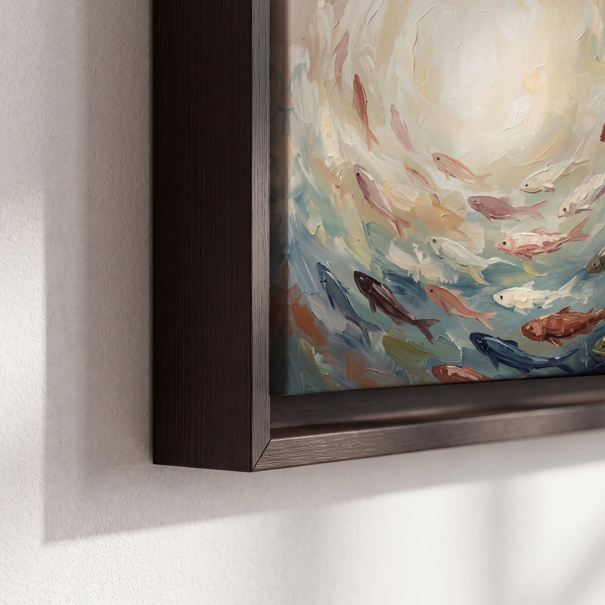Sweeping cream, teal and rust painted-style curves 3 piece framed canvas wall art material and edge close up
