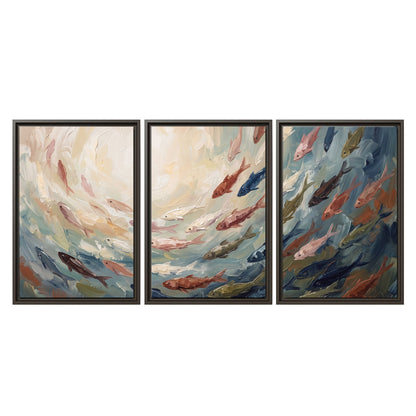 Sweeping cream, teal and rust painted-style curves 3 piece framed canvas wall art viewed straight on