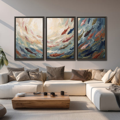 Sweeping cream, teal and rust painted-style curves 3 piece framed canvas wall art displayed in a living room