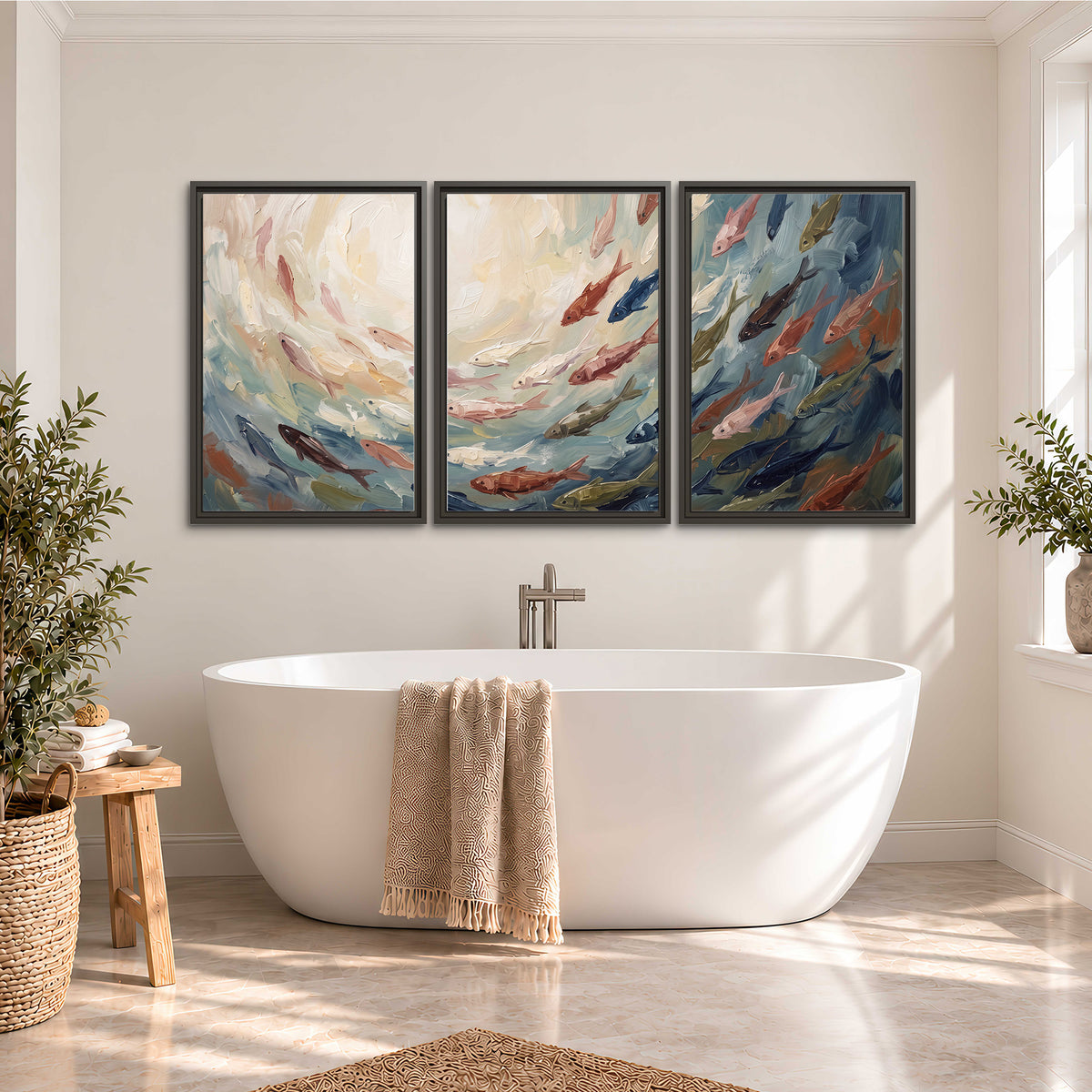 Sweeping cream, teal and rust painted-style curves 3 piece framed canvas wall art styled in an interior