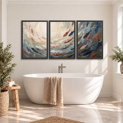 Sweeping cream, teal and rust painted-style curves 3 piece framed canvas wall art styled in an interior