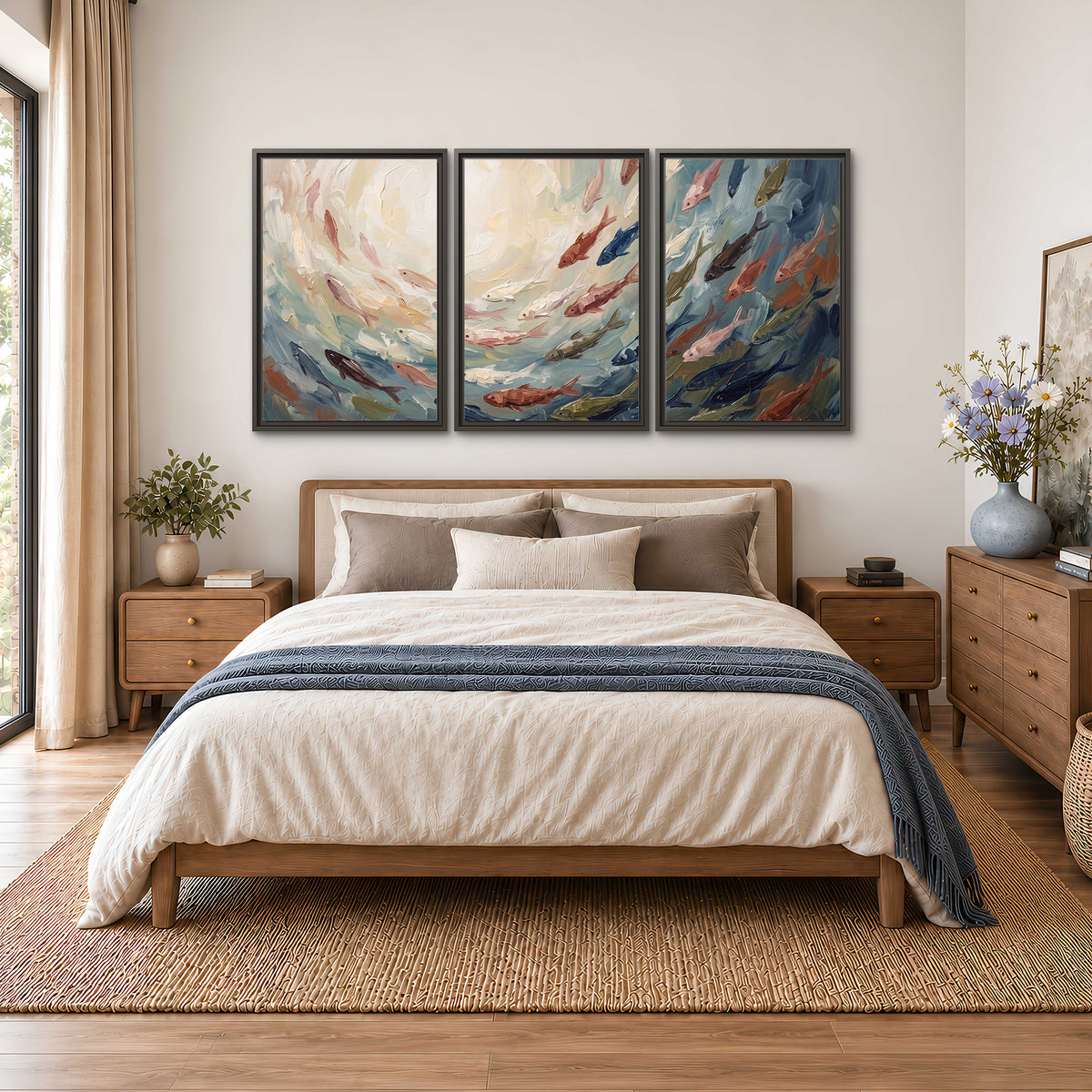 Sweeping cream, teal and rust painted-style curves 3 piece framed canvas wall art styled in an interior