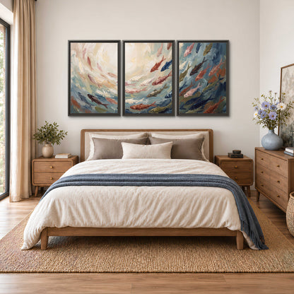 Sweeping cream, teal and rust painted-style curves 3 piece framed canvas wall art styled in an interior