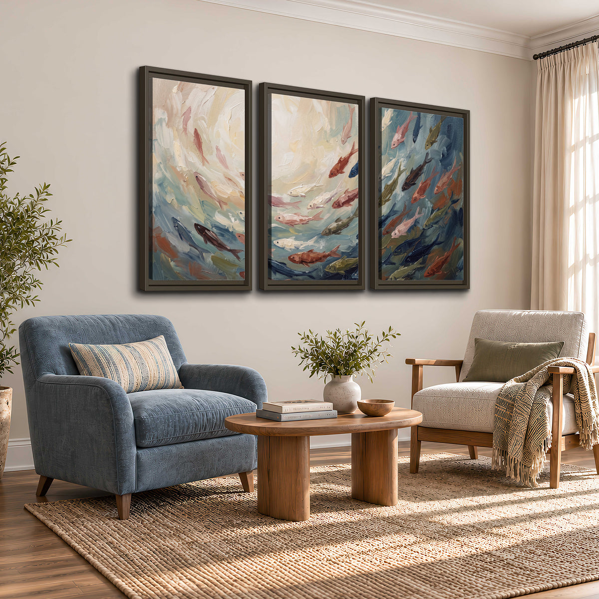 Sweeping cream, teal and rust painted-style curves 3 piece framed canvas wall art styled in an interior