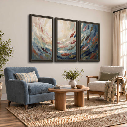 Sweeping cream, teal and rust painted-style curves 3 piece framed canvas wall art styled in an interior