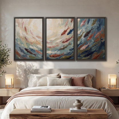 Sweeping cream, teal and rust painted-style curves 3 piece framed canvas wall art displayed in a bedroom