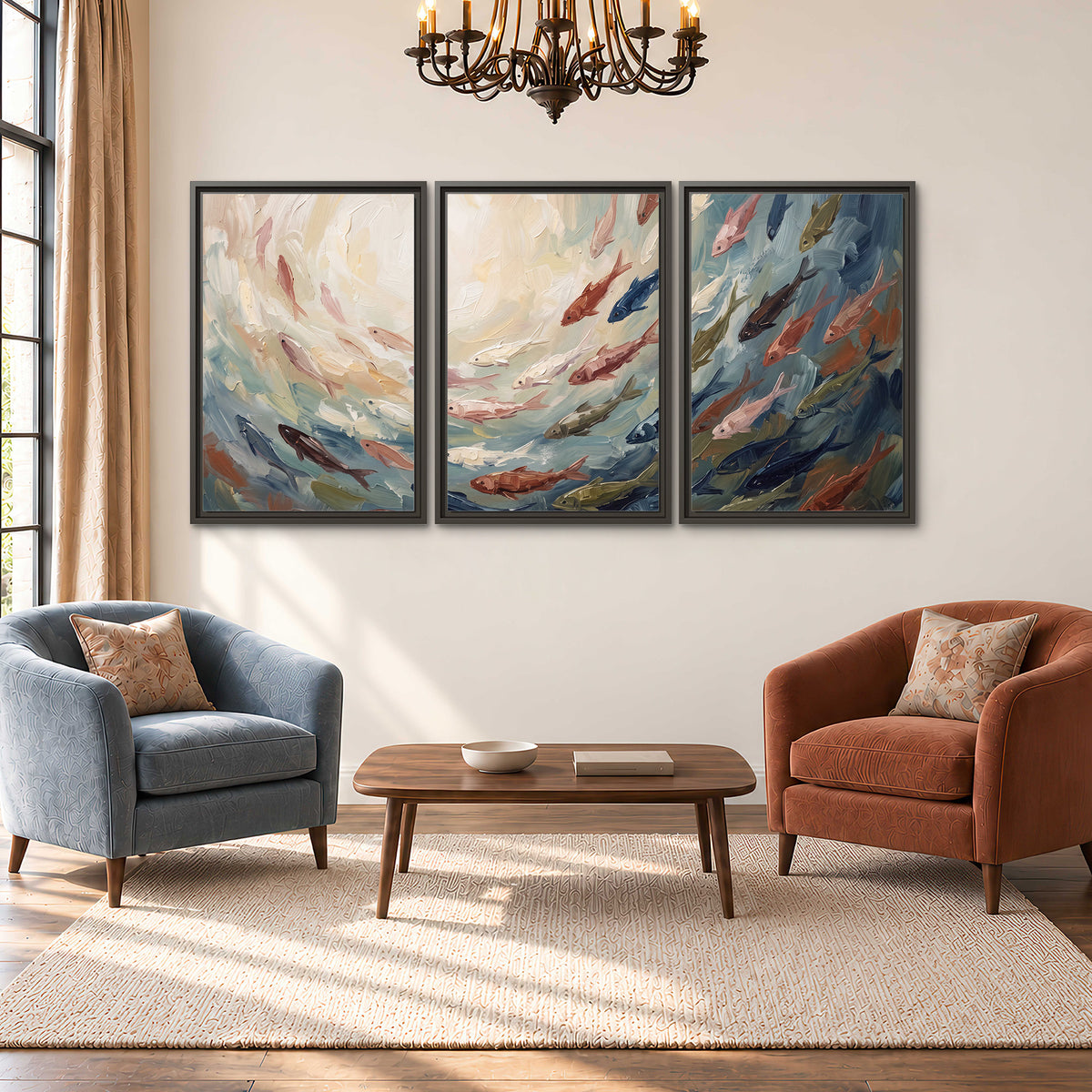 Sweeping cream, teal and rust painted-style curves 3 piece framed canvas wall art styled in an interior