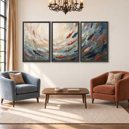 Sweeping cream, teal and rust painted-style curves 3 piece framed canvas wall art styled in an interior