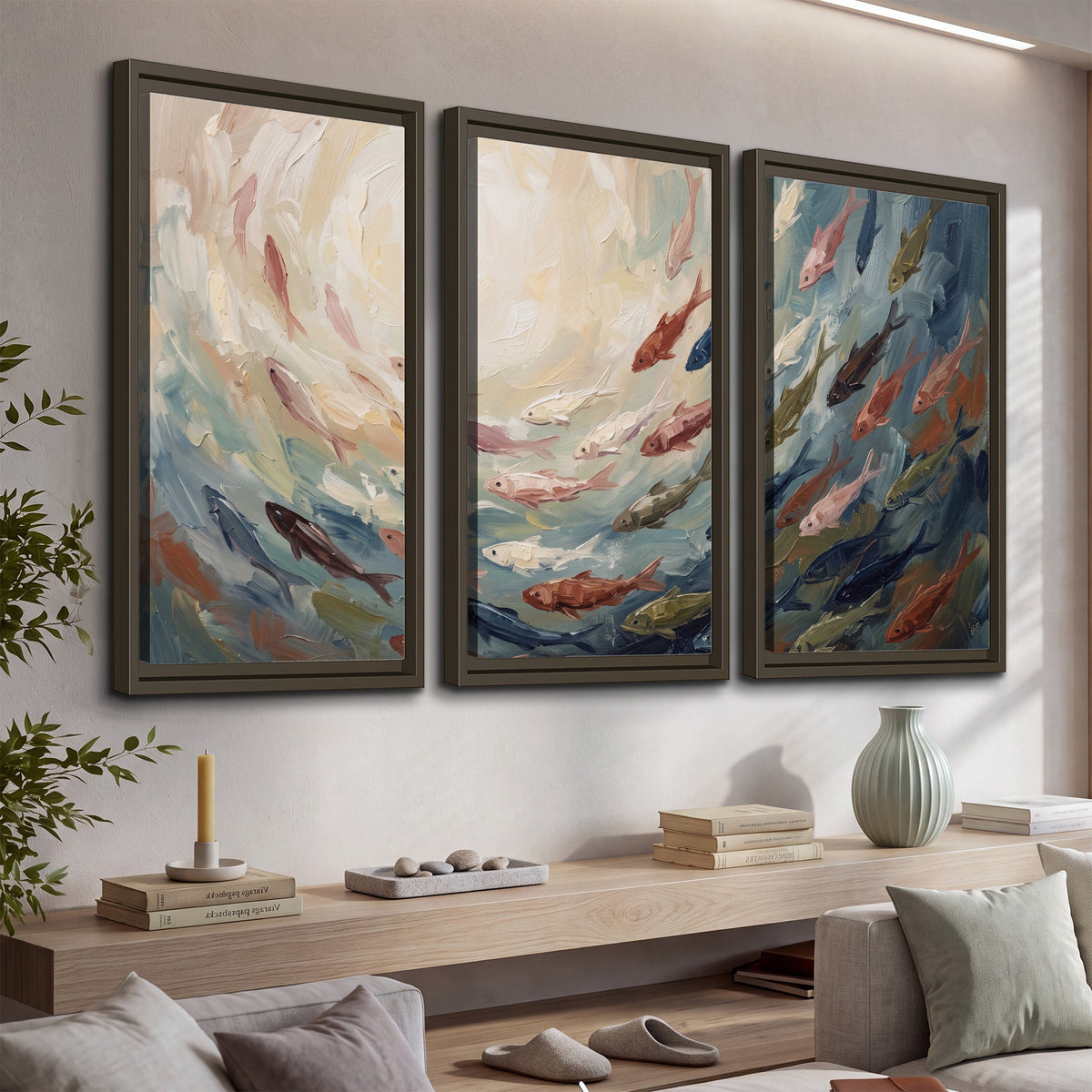 Sweeping cream, teal and rust painted-style curves 3 piece framed canvas wall art displayed in a console