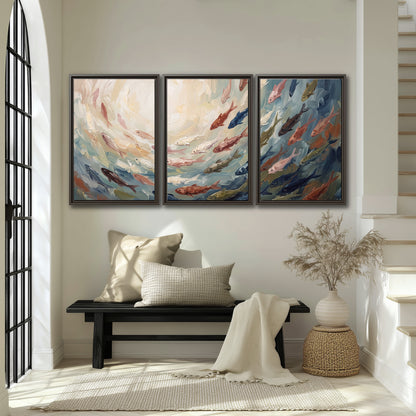 Sweeping cream, teal and rust painted-style curves 3 piece framed canvas wall art displayed in a entryway